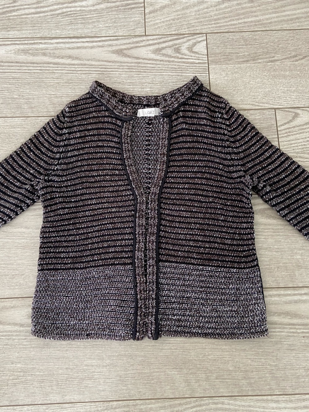 LOFT Black and Gray and Brown Striped Open Cardigan Sweater. Size: S petite